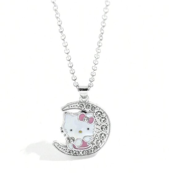Hello Kitty Crescent Moon Necklace Silver Rhinestones Pink Bow Dress - Picture 4 of 5